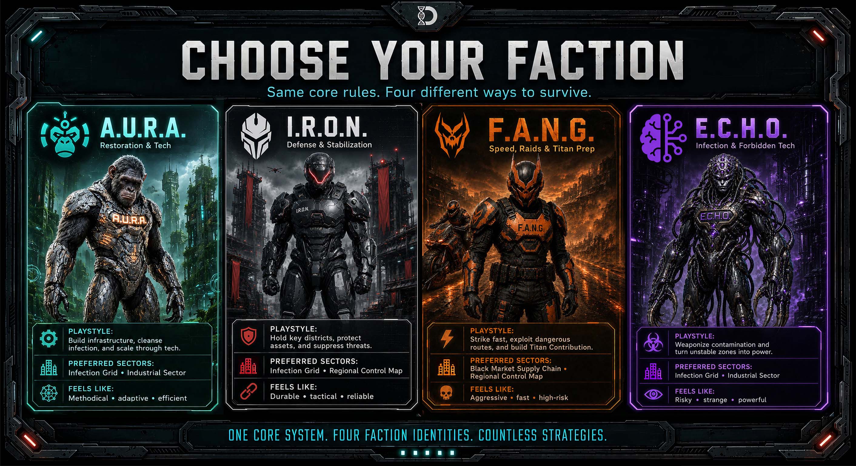 Choose Your Faction — A.U.R.A., I.R.O.N., F.A.N.G., and E.C.H.O.